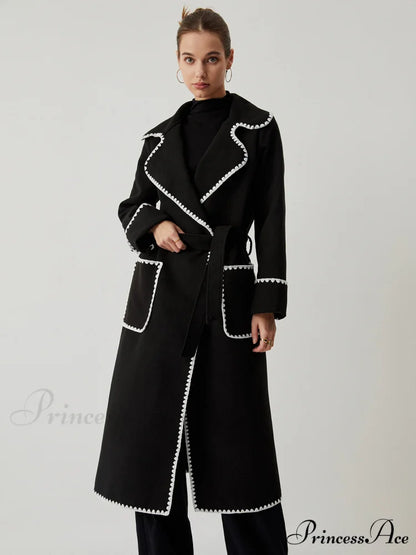 Contrast Trim Graceful Pocket Tweed Coat Black / XS