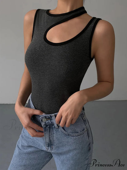Contrast Trim Halter Trendy Cutout Tank Top Grey / XS
