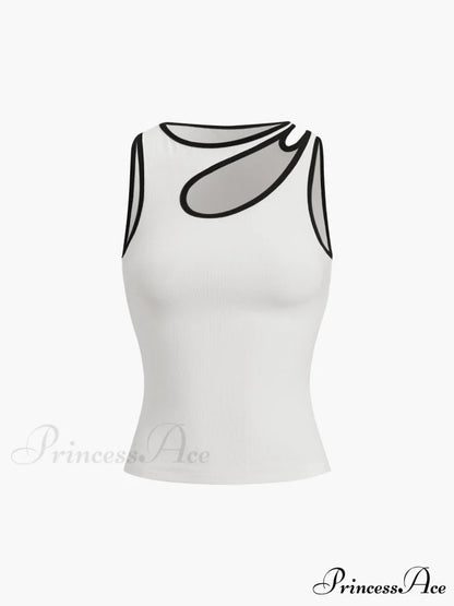 Contrast Trim Halter Trendy Cutout Tank Top White / XS