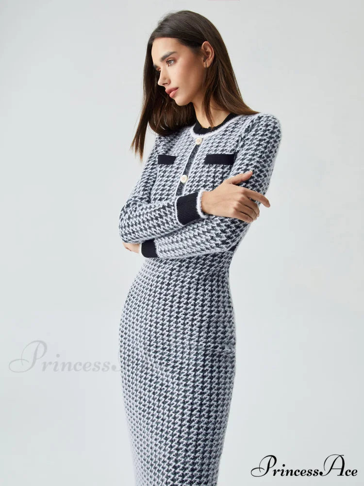 Contrast Trim Herringbone Trendy Bodycon Sweater Midi Dress