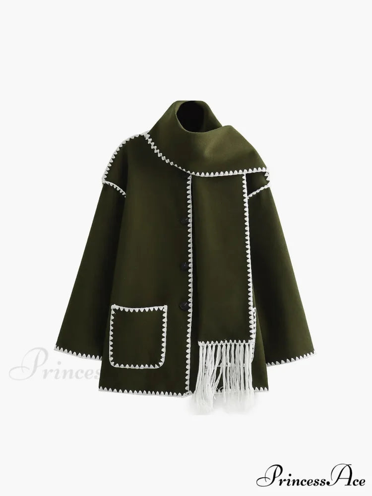 Contrast Trim Jacket Trendy With Matching Scarf ArmyGreen / S