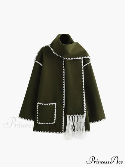 Contrast Trim Jacket Trendy With Matching Scarf ArmyGreen / S