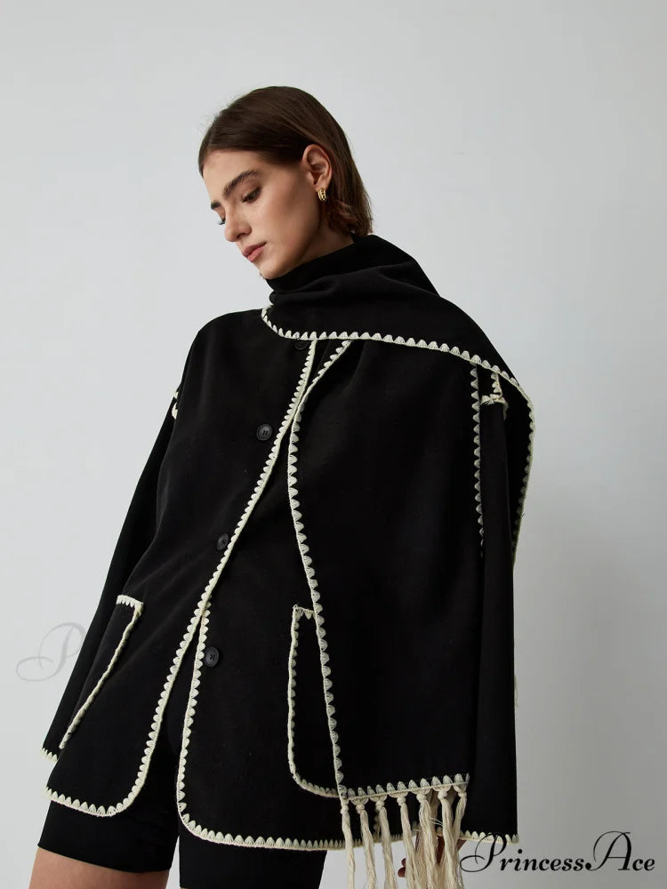 Contrast Trim Jacket Trendy With Matching Scarf Black / S