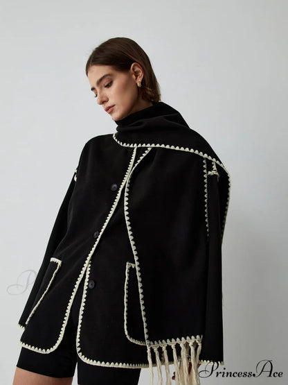 Contrast Trim Jacket Trendy With Matching Scarf Black / S