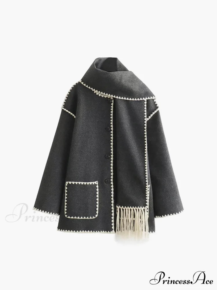 Contrast Trim Jacket Trendy With Matching Scarf Grey / S