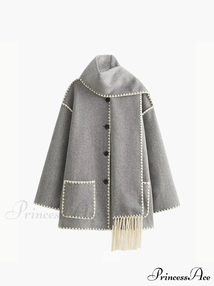 Contrast Trim Jacket Trendy With Matching Scarf Light Grey / S