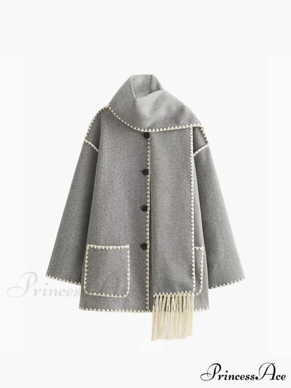 Contrast Trim Jacket Trendy With Matching Scarf Light Grey / S