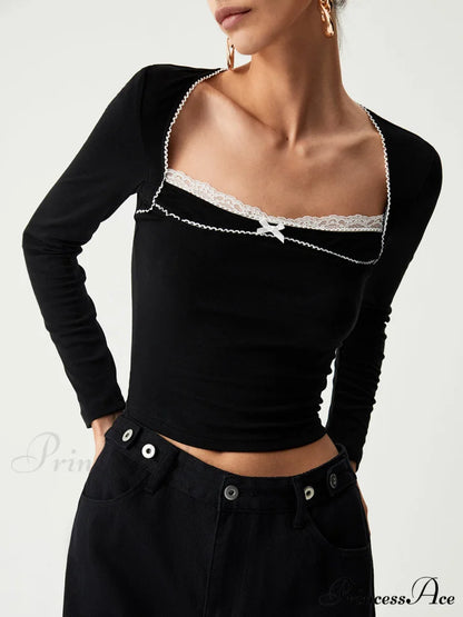 Contrast Trim Lace Trendy Long Sleeve Crop Top Black / S