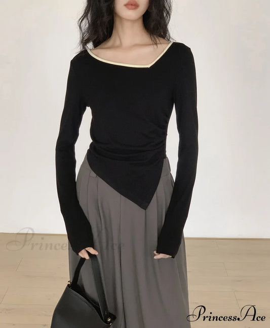 Contrast Trim Long Trendy Sleeve Asymmetrical Top