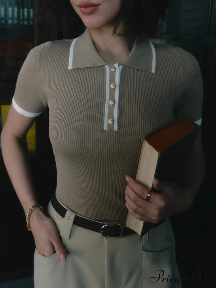 Contrast Trim Metal Trendy Button Knit Top Khaki / XS