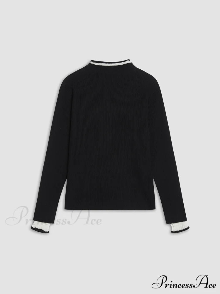 Contrast Trim Mock Trendy Neck Knit Top