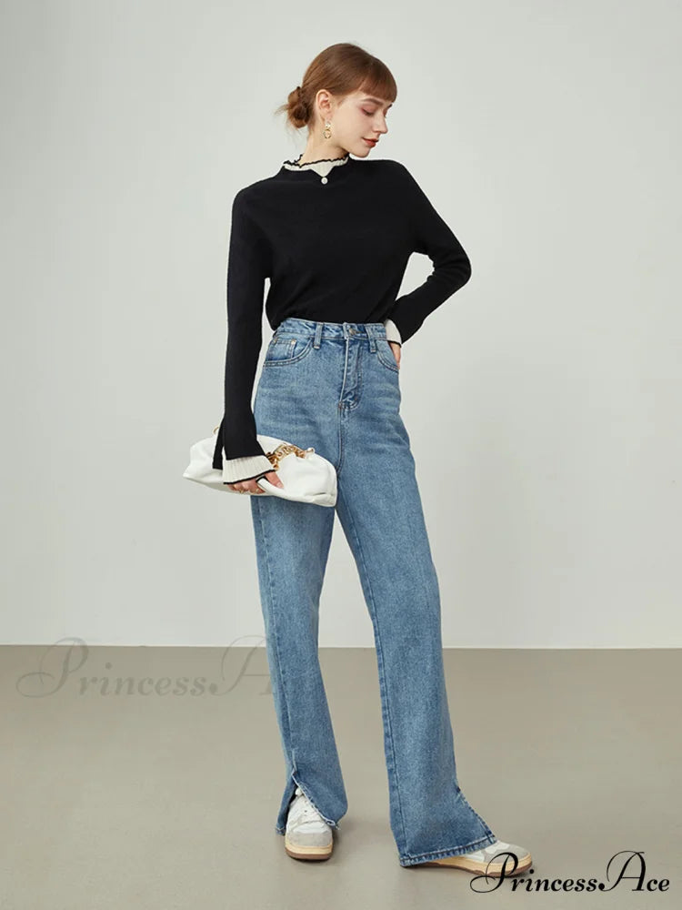 Contrast Trim Mock Trendy Neck Knit Top
