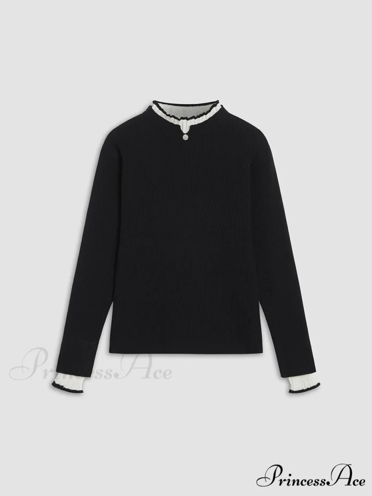 Contrast Trim Mock Trendy Neck Knit Top