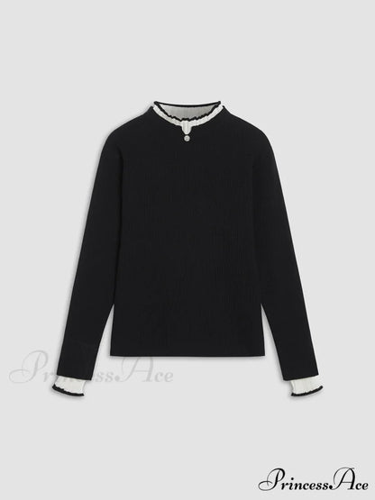 Contrast Trim Mock Trendy Neck Knit Top