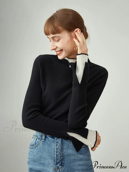 Contrast Trim Mock Trendy Neck Knit Top