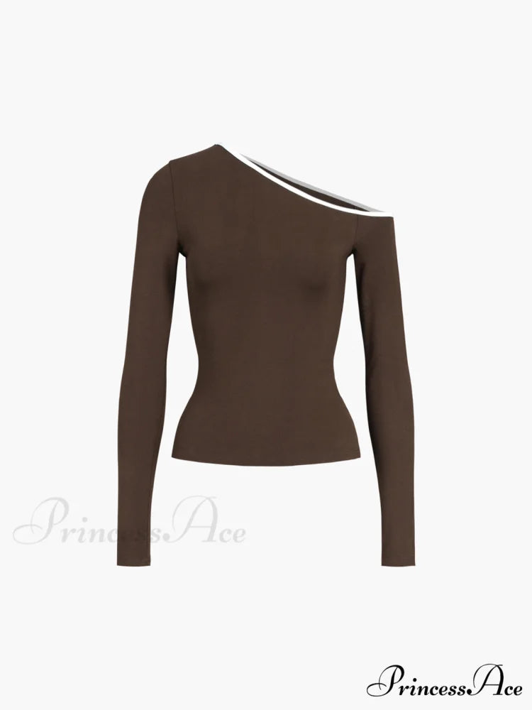Contrast Trim Off Trendy Shoulder Long Sleeve Shirt Brown / XS