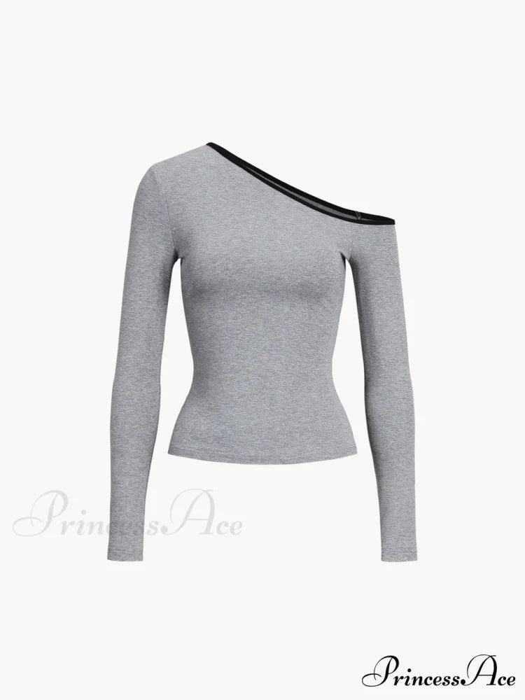 Contrast Trim Off Trendy Shoulder Long Sleeve Shirt Grey / XS