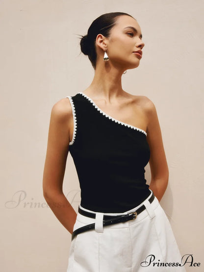 Contrast Trim One Trendy Shoulder Off Tank Top Black / XS