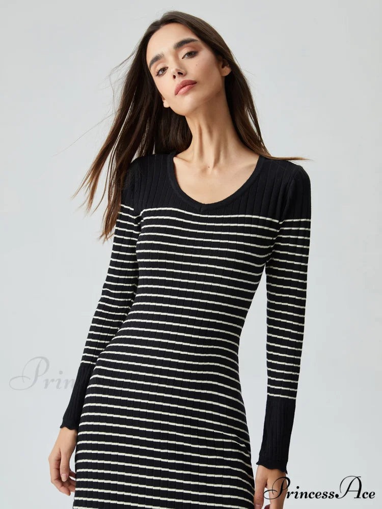 Contrast Trim Striped Crew Modern Neck Knit Sweater Dress Black / S