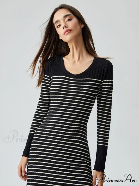 Contrast Trim Striped Crew Modern Neck Knit Sweater Dress Black / S