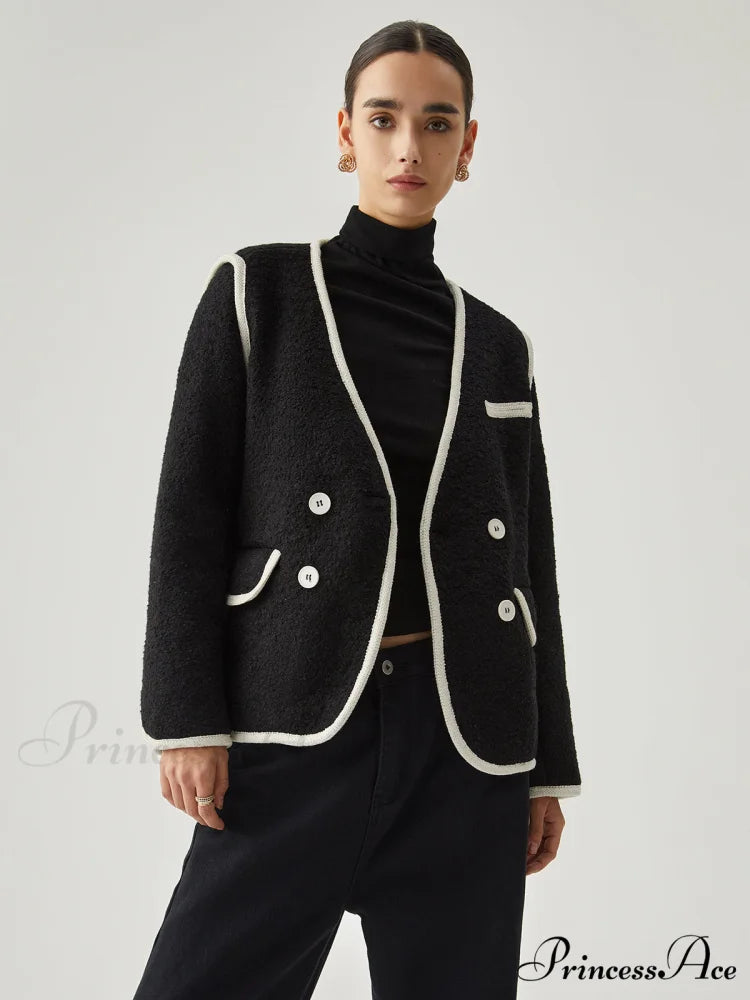 Contrast Trim Tweed Trendy Button Detail Wool Coat Black / S
