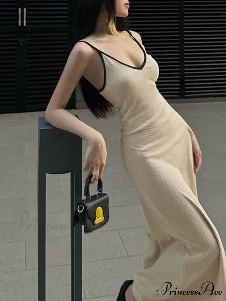 Contrast Trim V Trendy Neck Long Dress