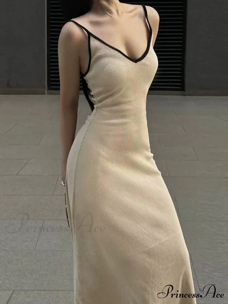 Contrast Trim V Trendy Neck Long Dress