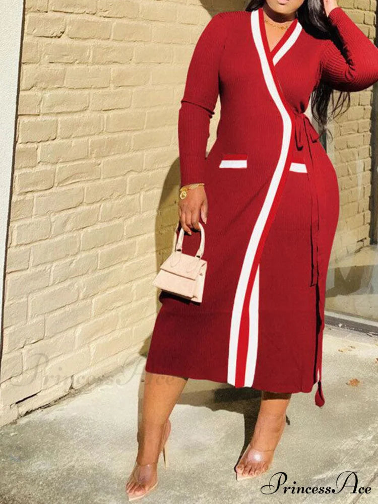 Contrast Waist Graceful Vintage Tailored Pants Red / M