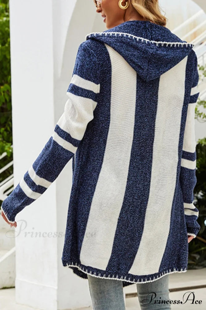 Contrast with Striped Cardigan Hooded Mid-Length Design Blue / XL