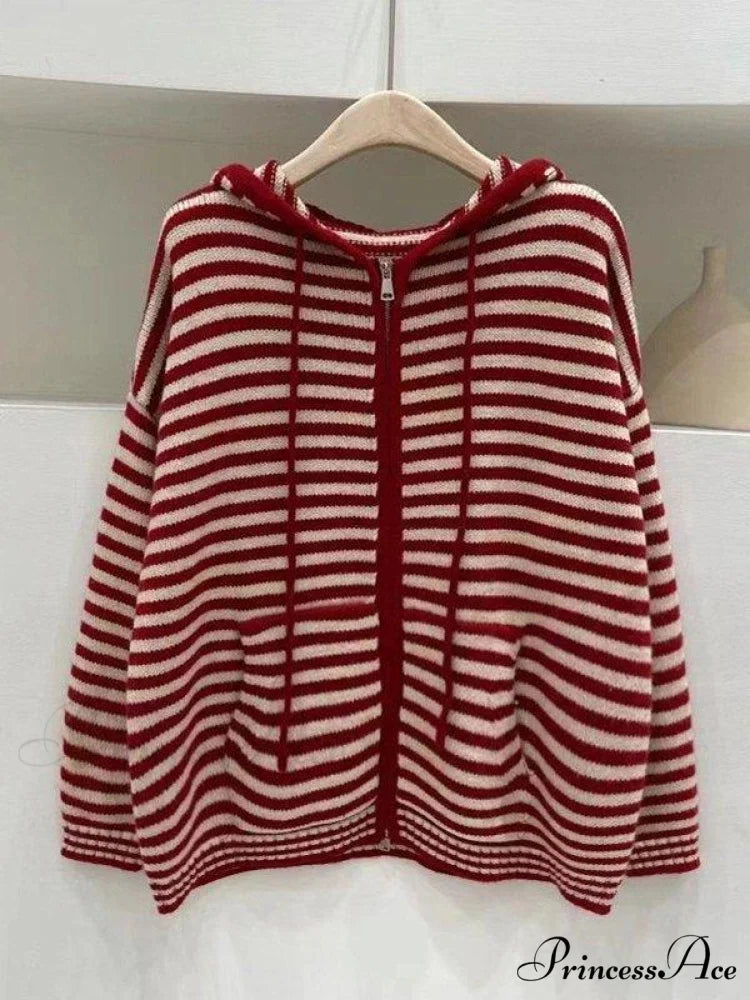 Contrasting Colors Striped Hooded Zipper Sweater Cardigan Casual Long-sleeved Loose Hoodie