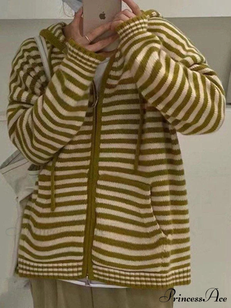 Contrasting Colors Striped Hooded Zipper Sweater Cardigan Casual Long-sleeved Loose Hoodie