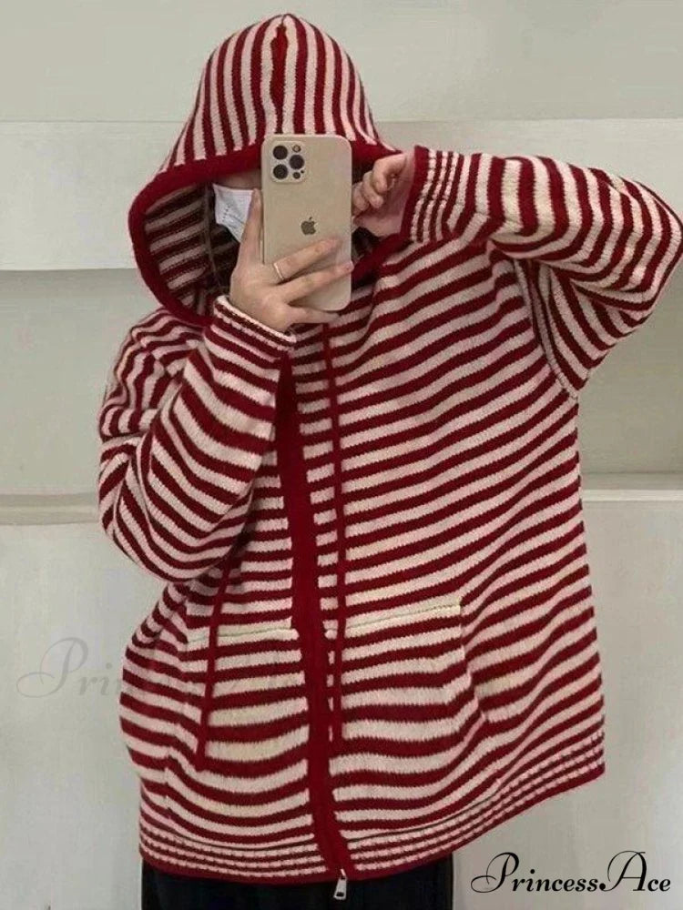Contrasting Colors Striped Hooded Zipper Sweater Cardigan Casual Long-sleeved Loose Hoodie