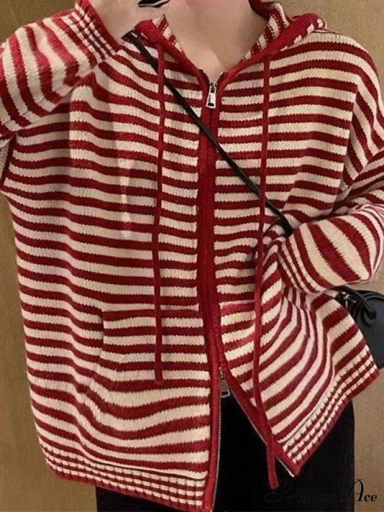 Contrasting Colors Striped Hooded Zipper Sweater Cardigan Casual Long-sleeved Loose Hoodie