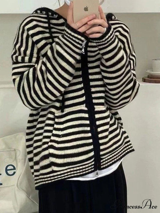 Contrasting Colors Striped Hooded Zipper Sweater Cardigan Casual Long-sleeved Loose Hoodie Black / ONE SIZE