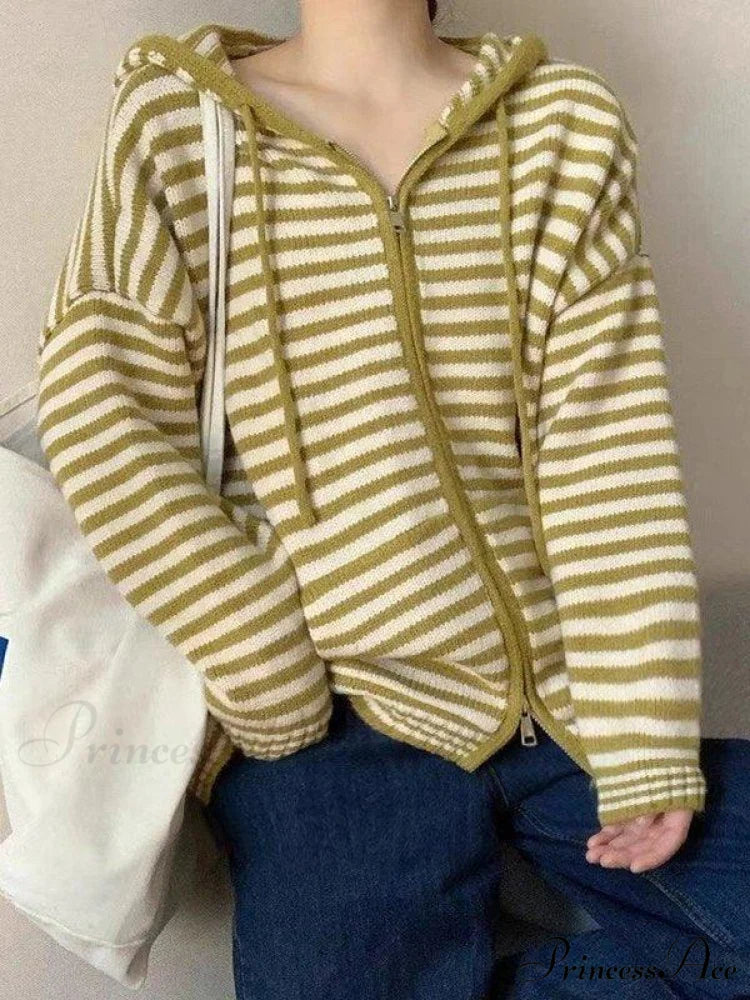 Contrasting Colors Striped Hooded Zipper Sweater Cardigan Casual Long-sleeved Loose Hoodie Yellow / ONE SIZE