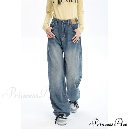 Contrasting Wide Colors for Pants Jeans High Blue Waist Leg with Women Blue / S