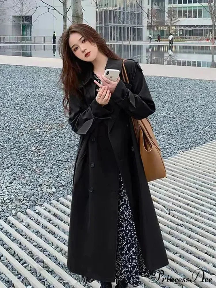Cool Long Trench Removable Sailor Collar Pockets Belt Runway Fashion Luxury Designer Stylish Coat BLACK / S 42-50KG