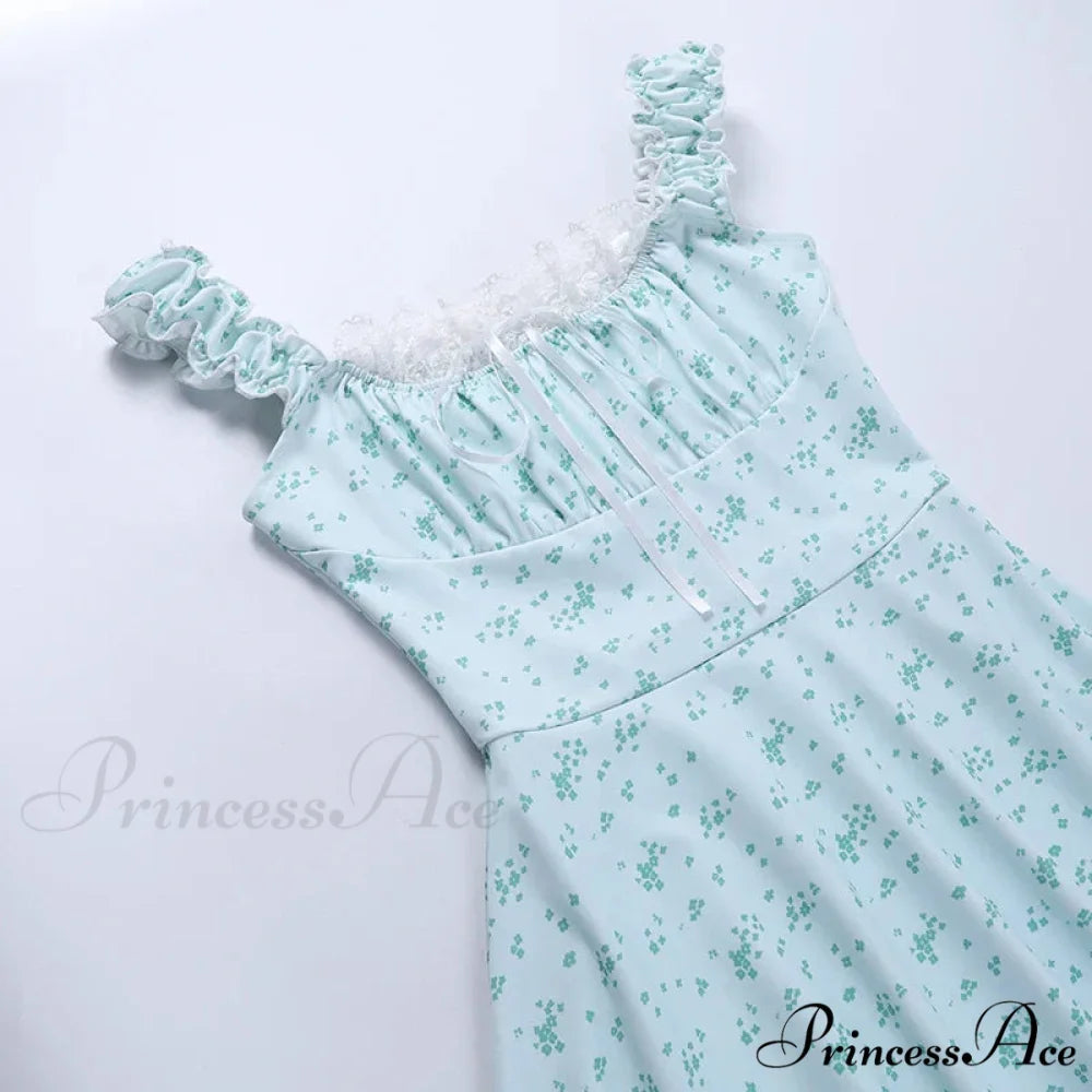 Coquette Y2K PrintPatchwork Lace Trim Vintage Square Neck T-shirts Floral Dress