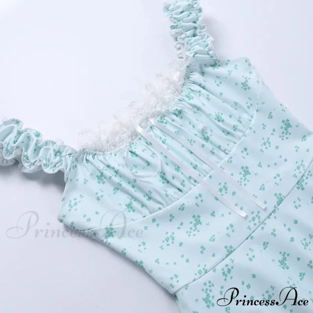 Coquette Y2K PrintPatchwork Lace Trim Vintage Square Neck T-shirts Floral Dress