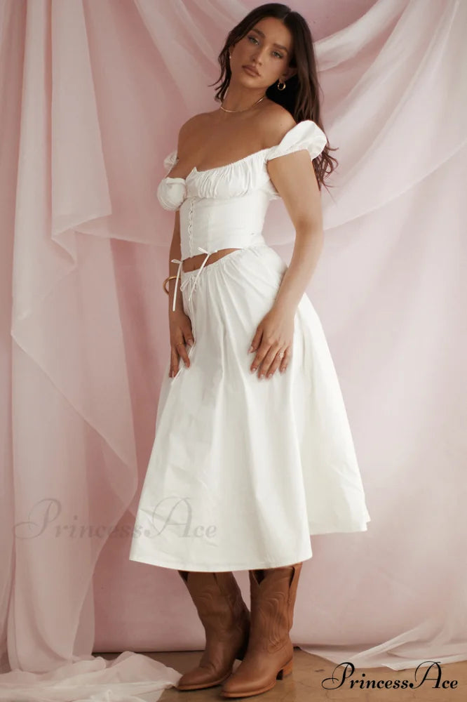 Cora White Gathered Charming Top + Skirt Set