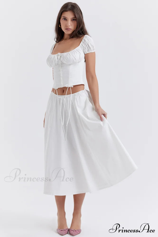 Cora White Gathered Charming Top + Skirt Set