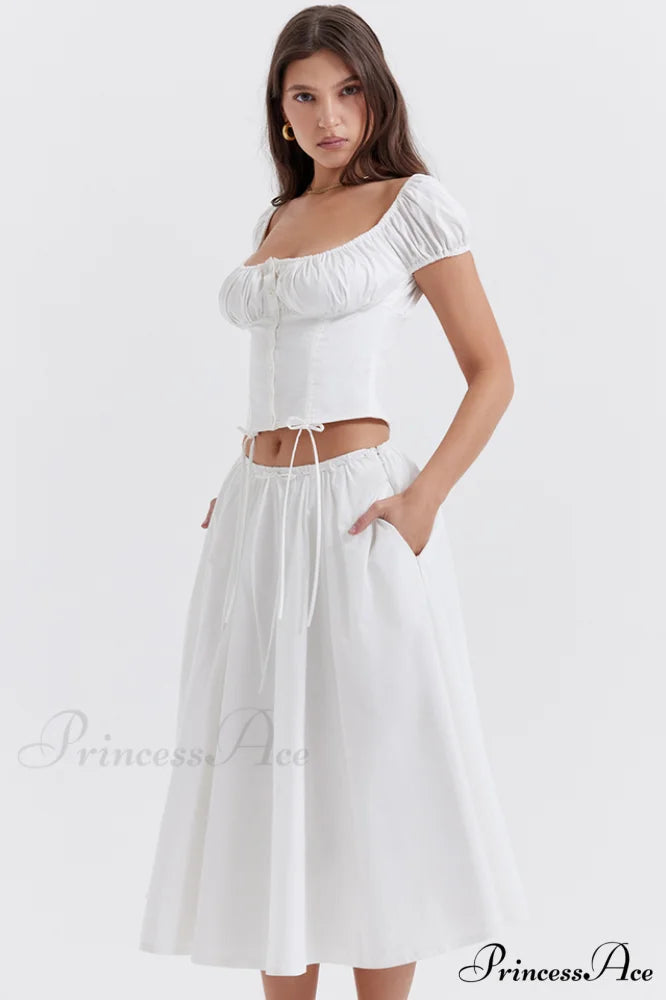 Cora White Gathered Charming Top + Skirt Set
