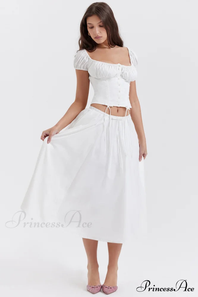 Cora White Gathered Charming Top + Skirt Set