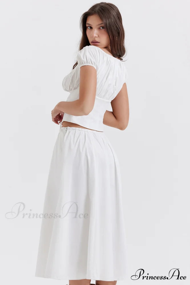 Cora White Gathered Charming Top + Skirt Set