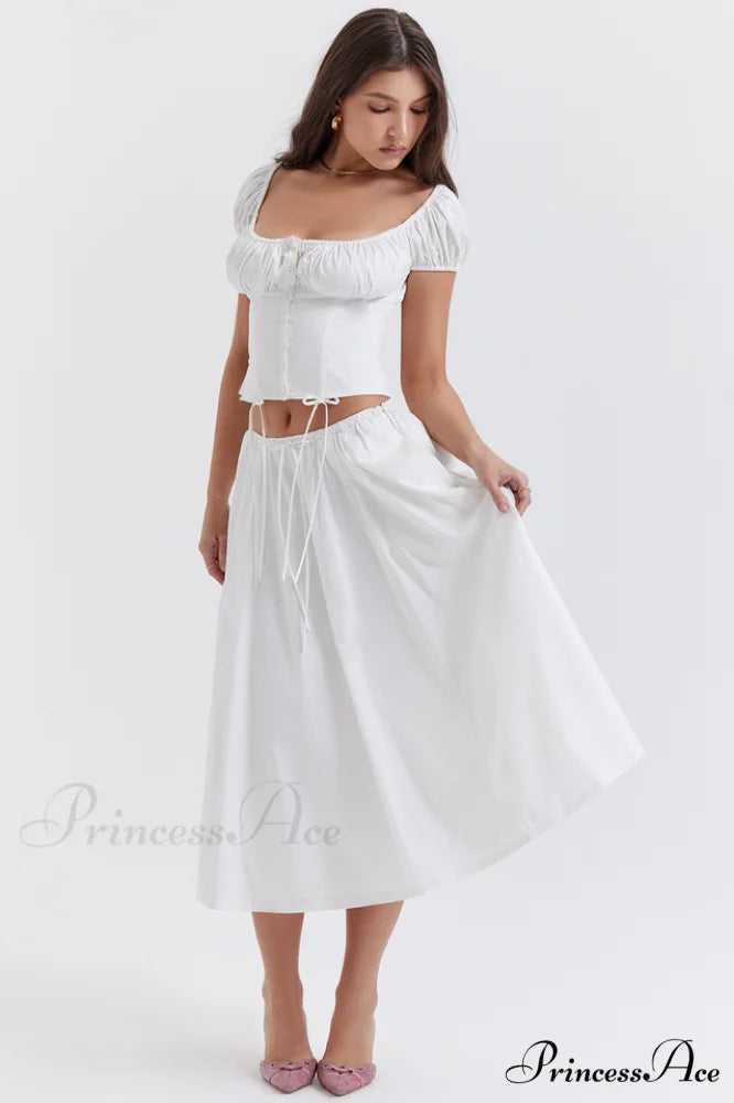 Cora White Gathered Charming Top + Skirt Set