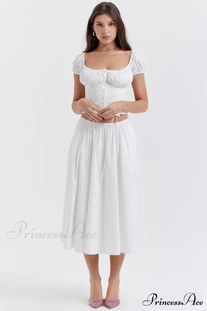 Cora White Gathered Charming Top + Skirt Set