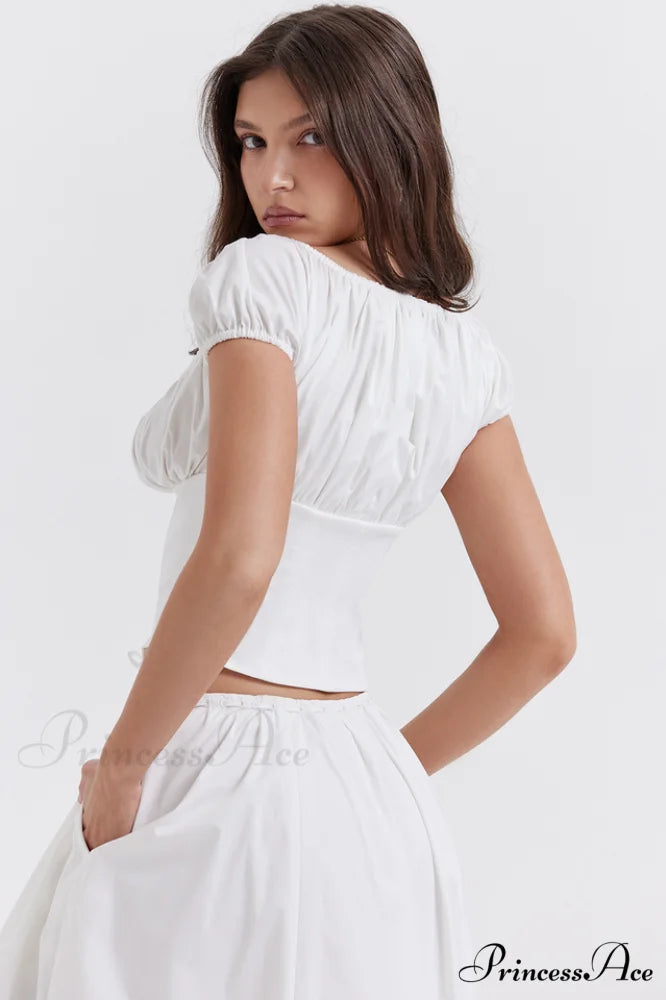 Cora White Gathered Charming Top + Skirt Set