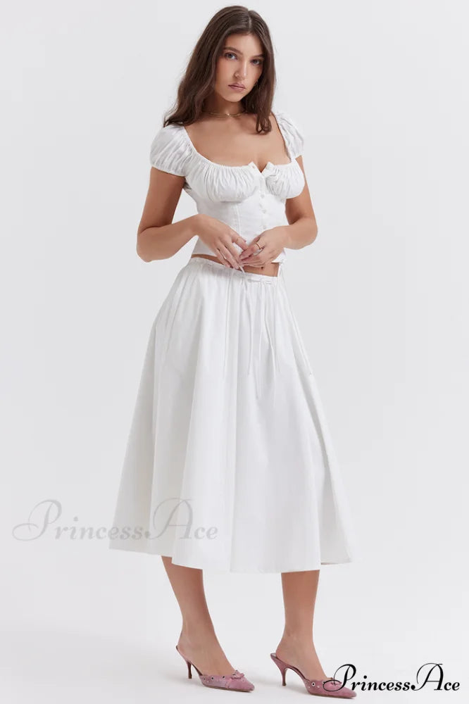 Cora White Gathered Charming Top + Skirt Set
