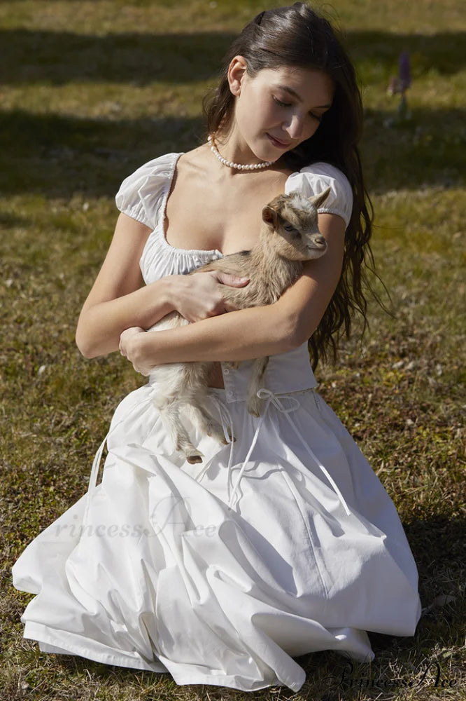 Cora White Gathered Charming Top + Skirt Set