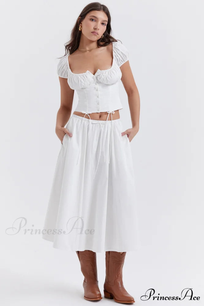 Cora White Gathered Charming Top + Skirt Set XS / White